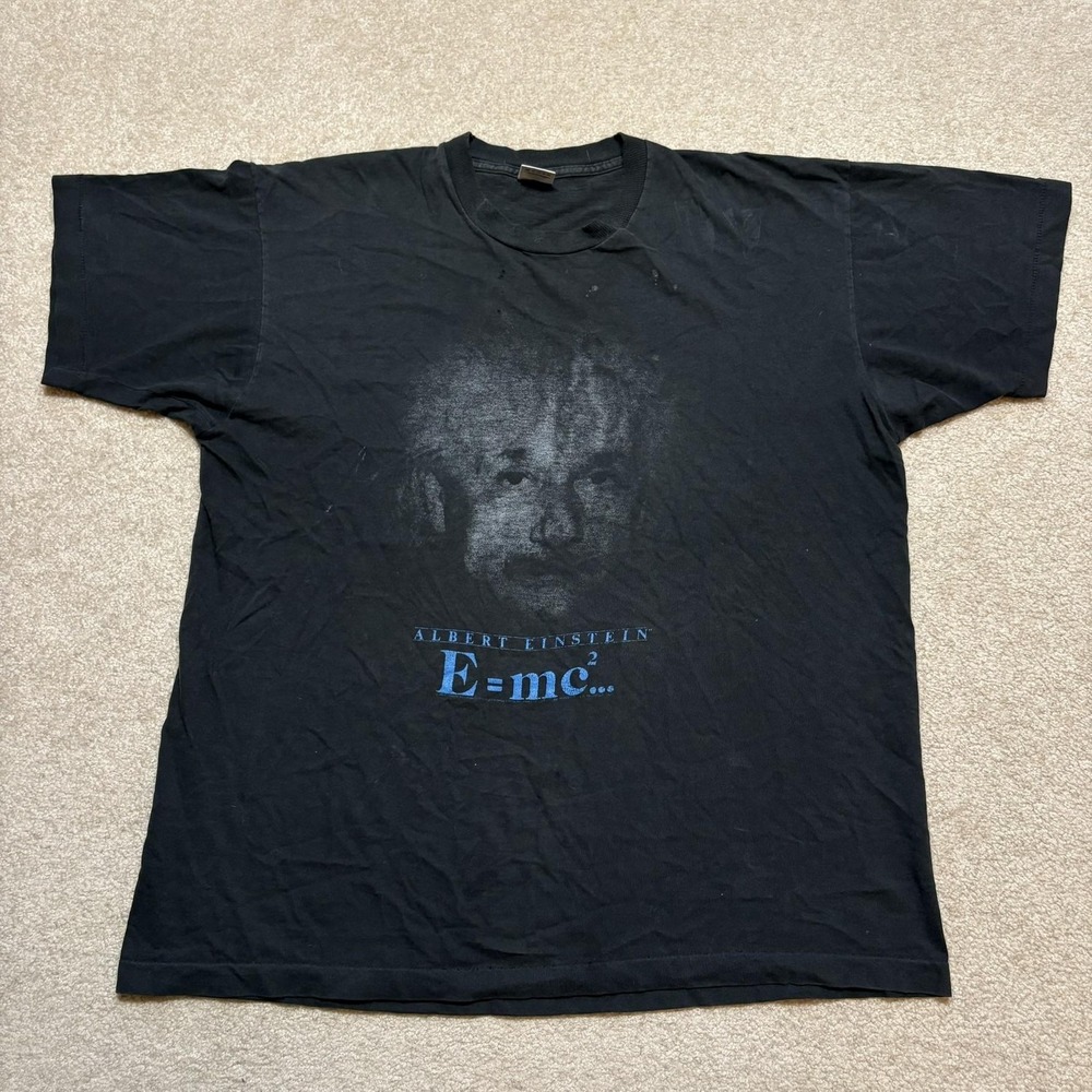 Vtg Albert Einstein Shirt Mens XL Black E=mc2 Graphic Science Faded Grunge 90s
